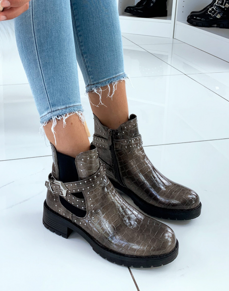 Khaki croc-effect low-cut ankle boots with silver studs