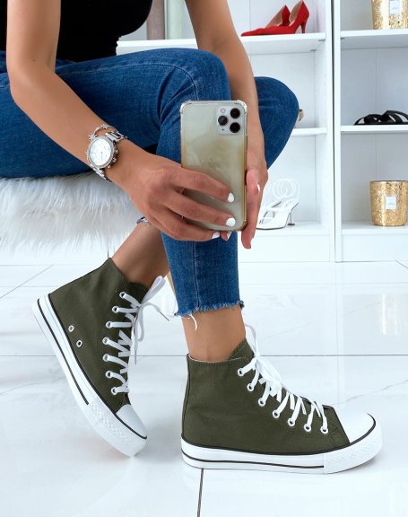 Khaki fabric high-top sneakers with laces
