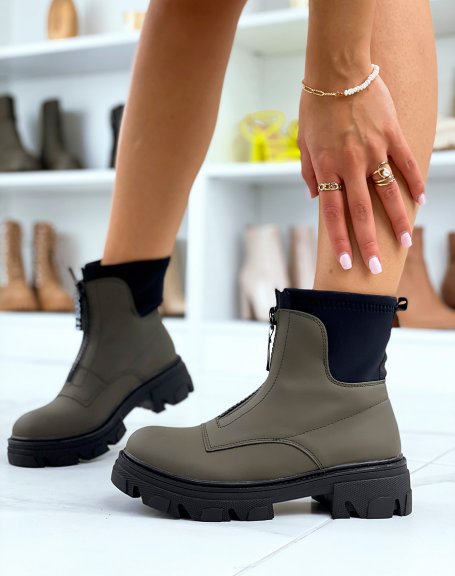 Khaki gummed sock-effect ankle boots