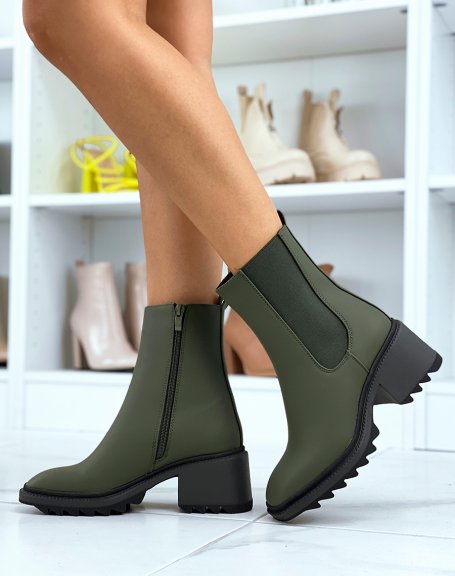 Khaki gummed square-toe ankle boots