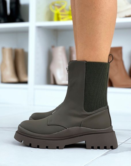 Khaki high ankle boots with zip and elastic