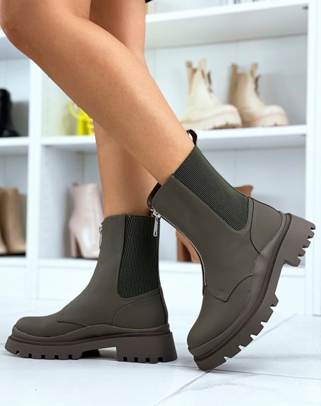Khaki high ankle boots with zip and elastic