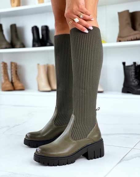 Khaki high sock-effect boots with thin golden chains