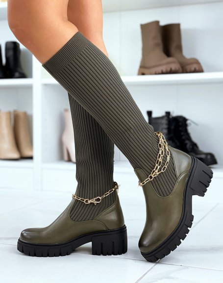 Khaki high sock-effect boots with thin golden chains