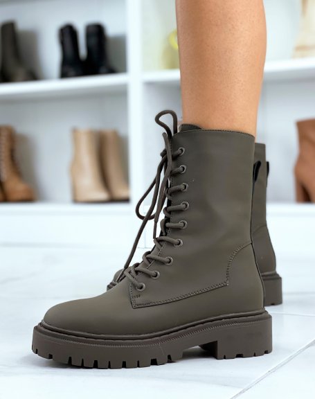 Khaki matte high-top ankle boots with lace and heeled sole