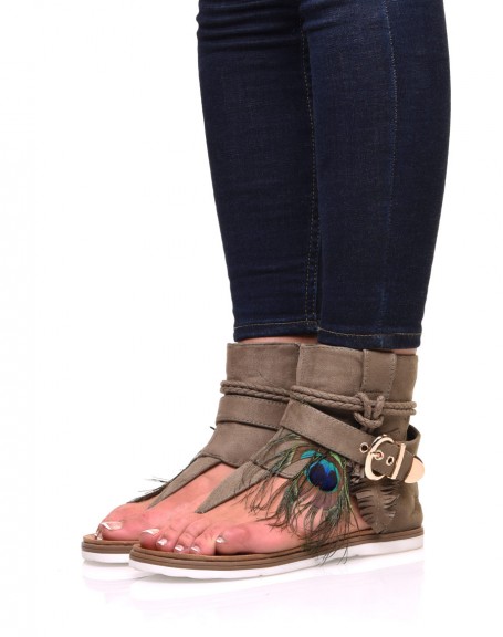 Khaki sandals in suedette with multiple details