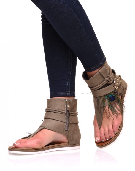 Khaki sandals in suedette with multiple details