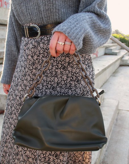 Khaki satchel-shaped handbag with fake chains