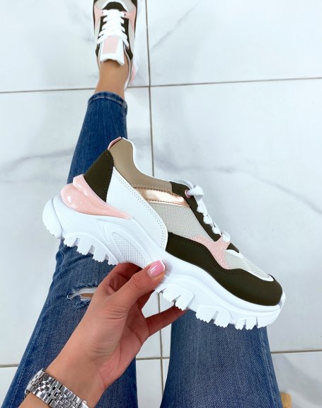 Khaki sneakers with pink inserts and notched sole