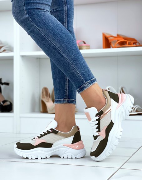 Khaki sneakers with pink inserts and notched sole