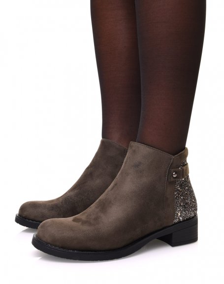 Khaki suedette ankle boots with sequins at the back