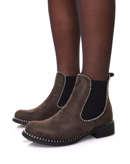 Khaki suedette chelsea boots with pearl details