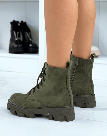 Khaki suedette lace-up ankle boots with lug sole