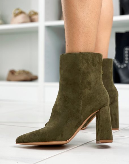 Khaki suedette pointed toe heeled ankle boots