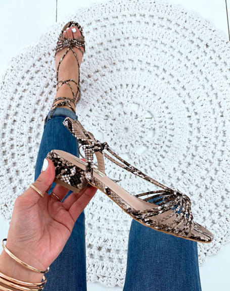 Lace-up low-heeled python-effect faux leather sandals
