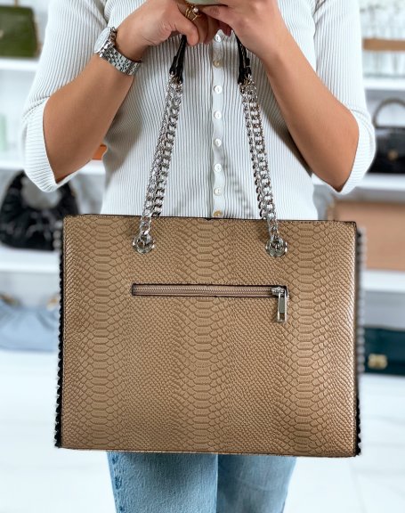 Large beige croc-effect handbag with silver detail