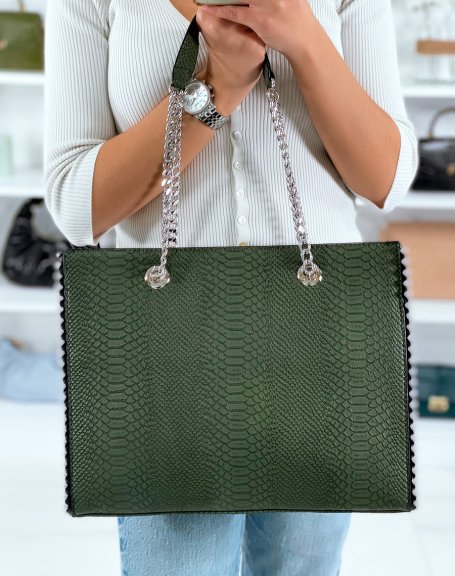 Large green croc-effect handbag with silver detail