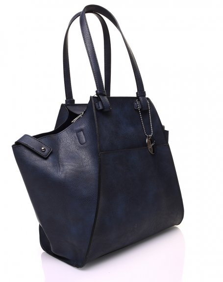 Large navy blue bag with adjustable triangular shape