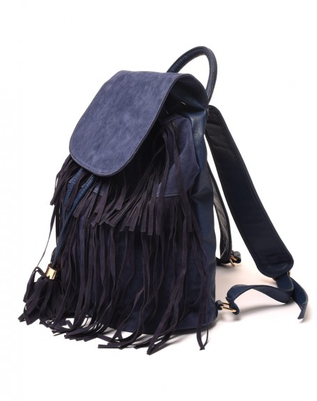 Large navy blue fringed backpack