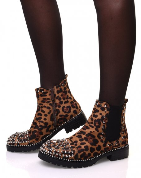 Leopard ankle boots with beaded sole and stud details