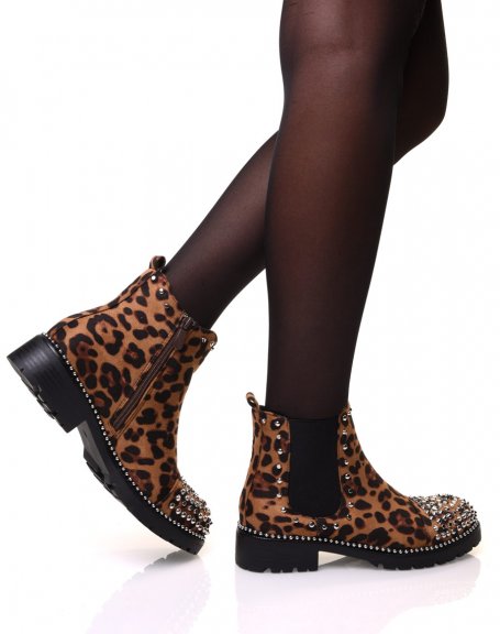 Leopard ankle boots with beaded sole and stud details
