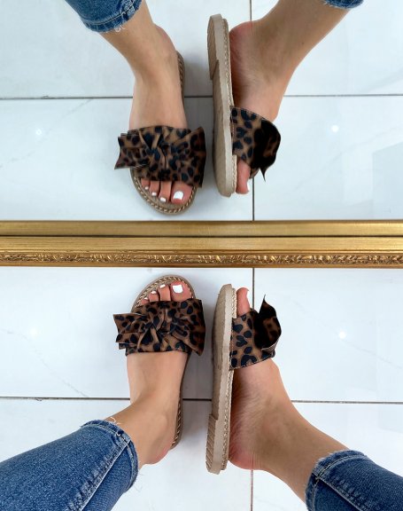 Leopard flat mules with bow