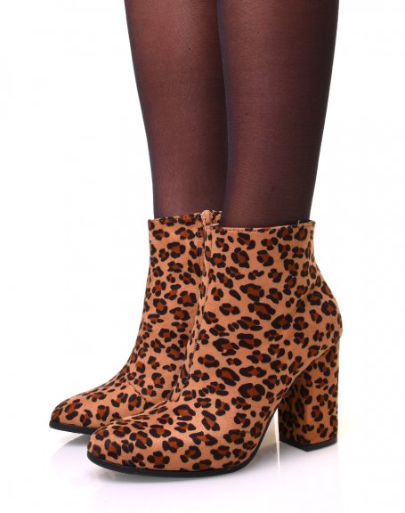 Leopard suedette heeled ankle boots