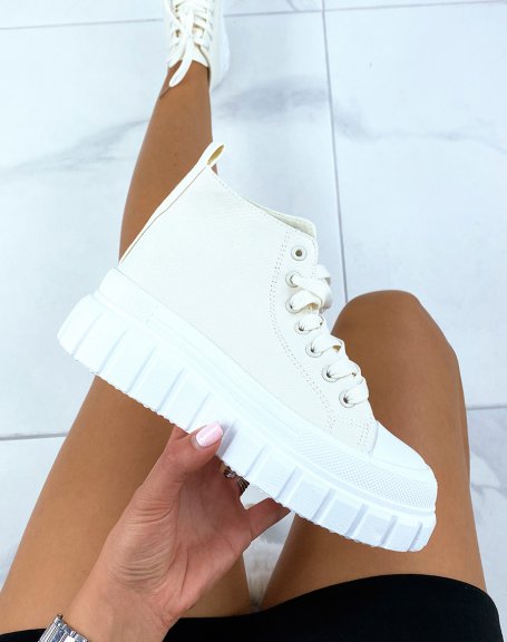 Light beige fabric high top sneaker with thick white lug sole