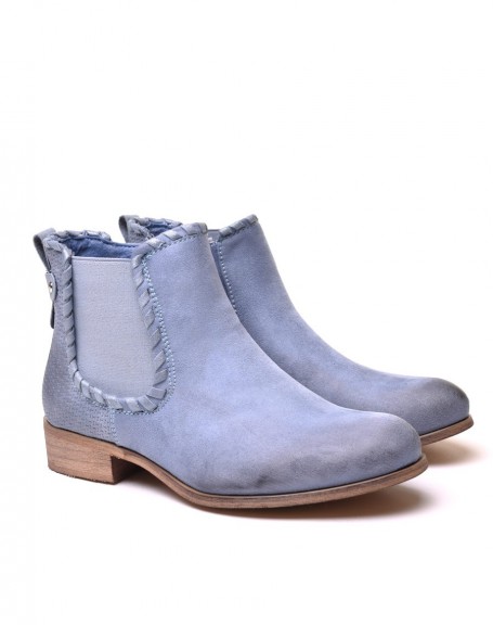 Light blue bi-material flat ankle boots with details