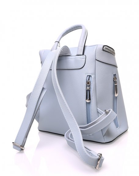 Light blue rigid backpack with zippers