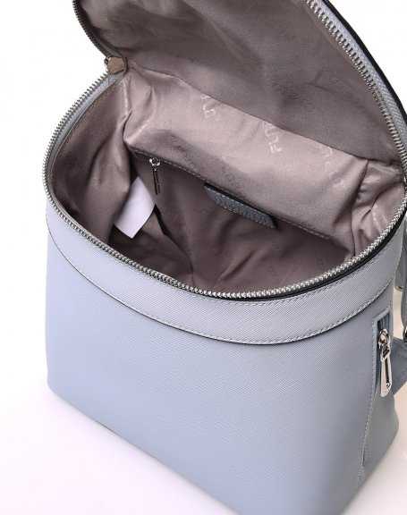 Light blue rigid backpack with zippers