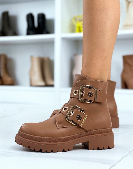 Light brown ankle boots with double straps