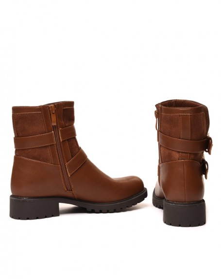 Light brown bi-material flat ankle boots with straps