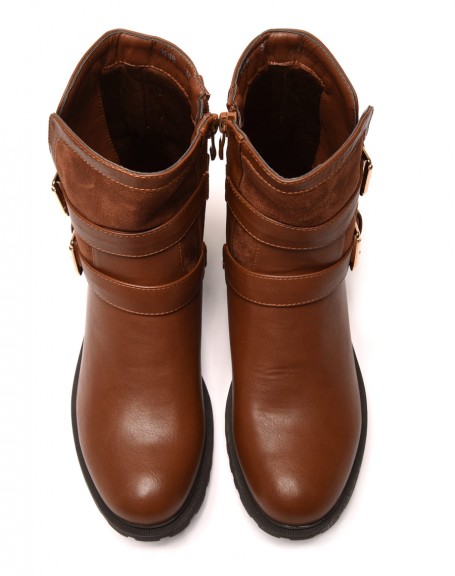 Light brown bi-material flat ankle boots with straps