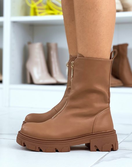 Light brown high ankle boots with gold closure