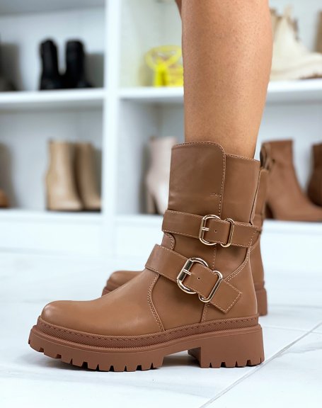 Light brown high ankle boots with golden buckles