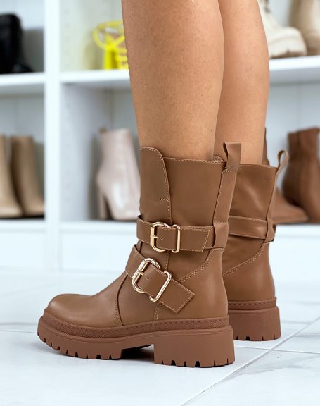 Light brown high ankle boots with golden buckles
