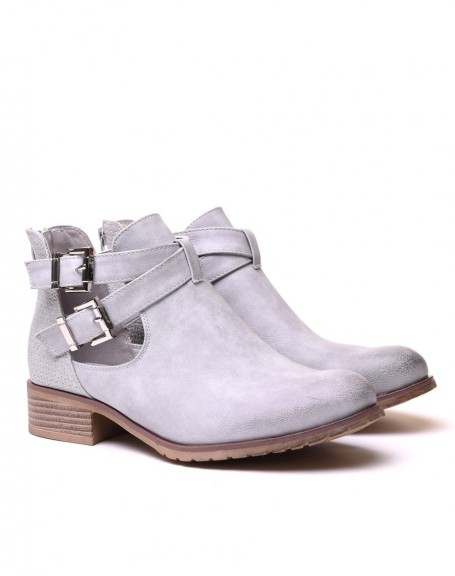 Light gray low cut openwork ankle boots with straps