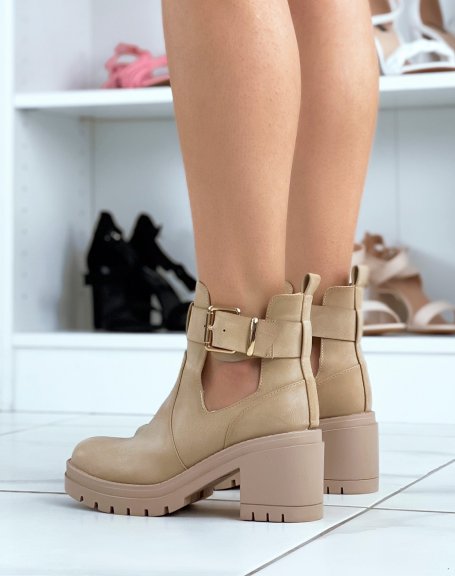 Light taupe open ankle boots with heel