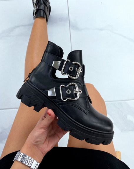 Low black ankle boots open with double buckles