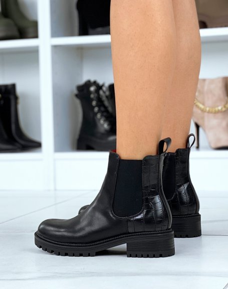 Low black ankle boots with croc effect