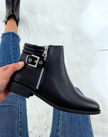 Low black ankle boots with decorative zip