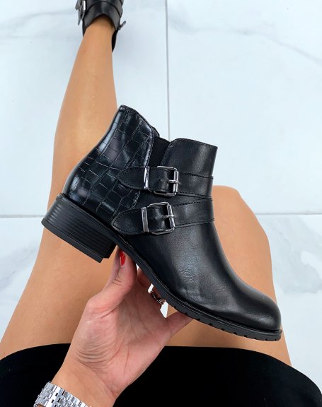 Low black ankle boots with double straps