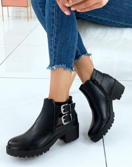 Low black ankle boots with notched soles