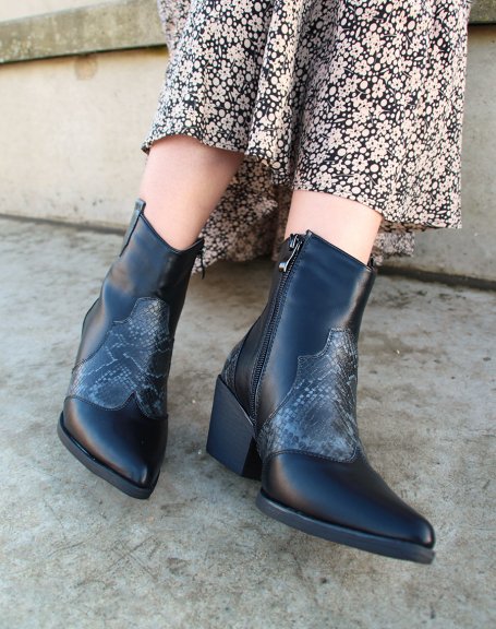 Low black cowboy boots with snake effect