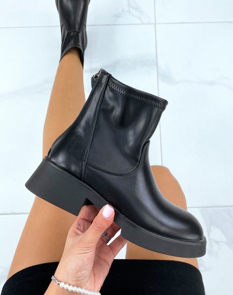 Low black faux leather sock-effect ankle boots