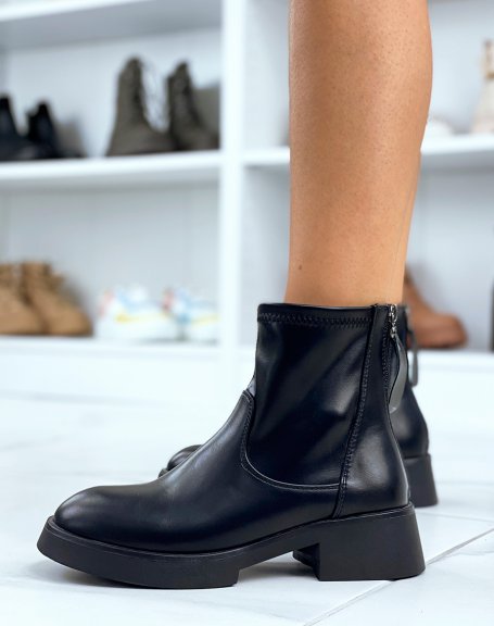 Low black faux leather sock-effect ankle boots