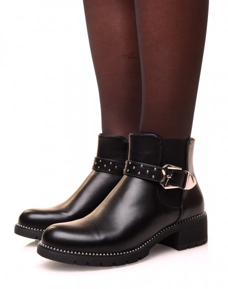 Low black openwork ankle boots with a studded strap