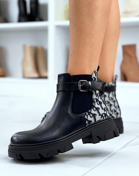 Low black patterned ankle boots