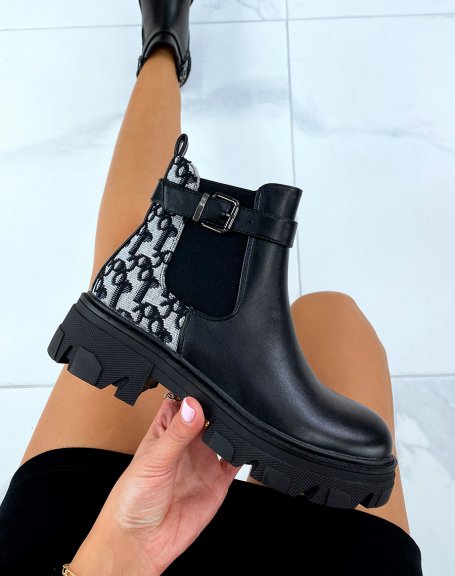 Low black patterned ankle boots
